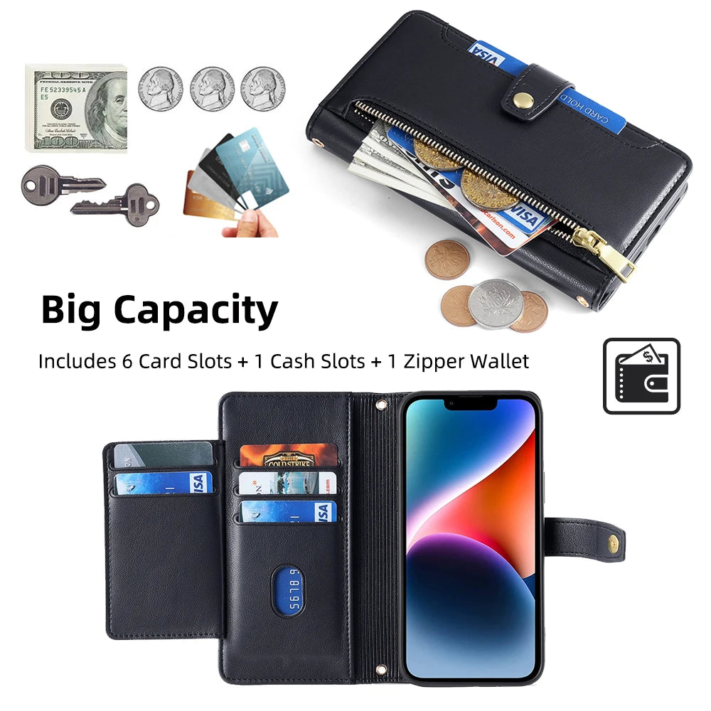 Ladies Card Slots Wallet Crossbody Phone Case for iphone 15 14 13 12 11 Pro Max XS XR 7 6 6 6s Plus SE SE3 Flip Cover with strap