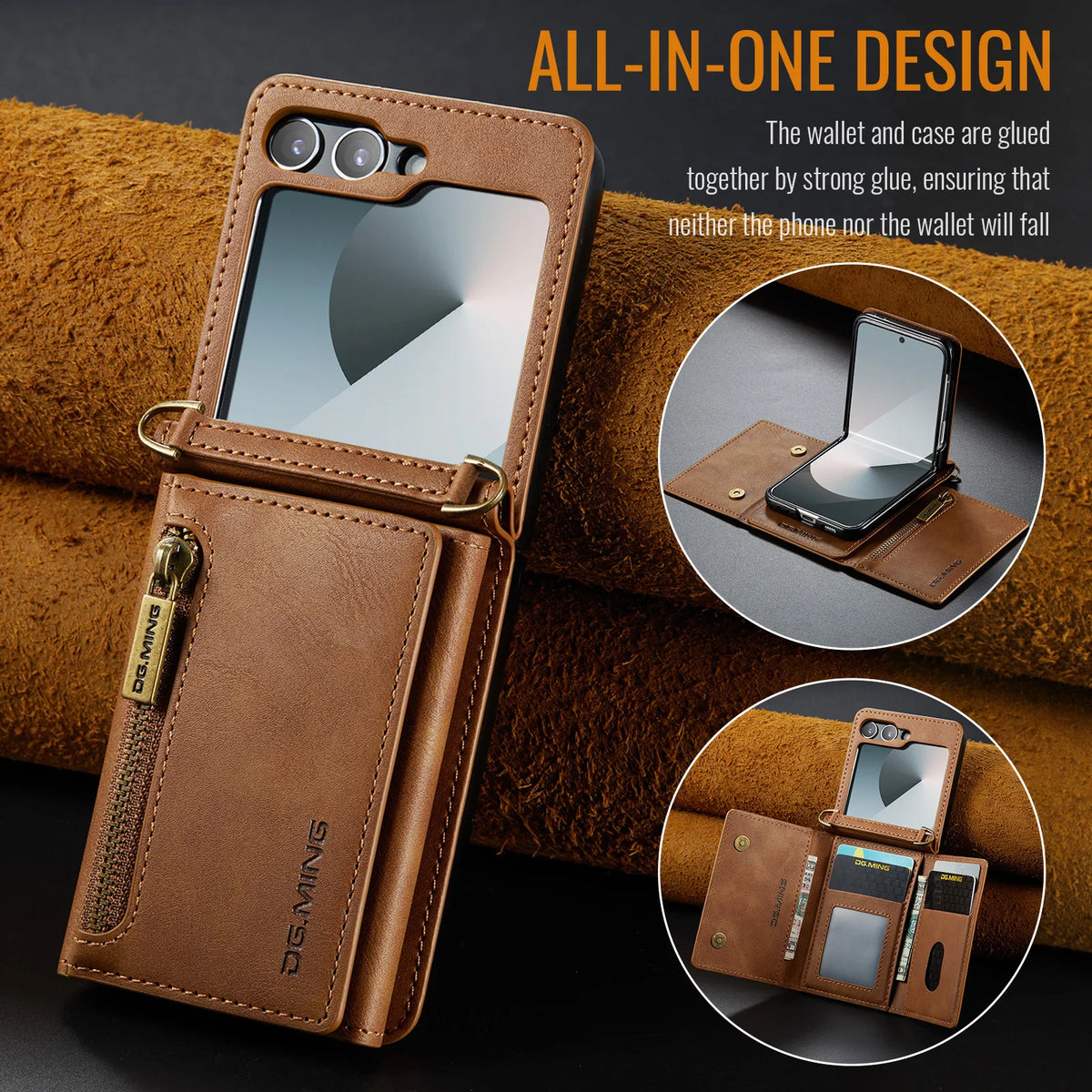 2 in 1 Luxury Leather Flip Phone Case For Samsung Galaxy Z Flip 8 7 6 5 4 3  Magnetic Wallet Card Solt Zipper Lanyard Cover ﻿