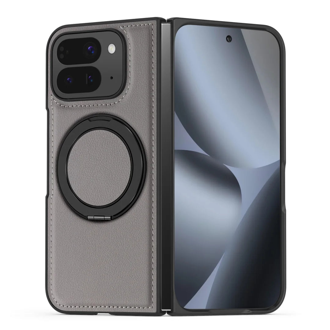 Embossed PU Leather Case For Google Pixel 10 Pro Fold Magsafe 360° Rotation Metal Stand Comfort Grip Case Cover