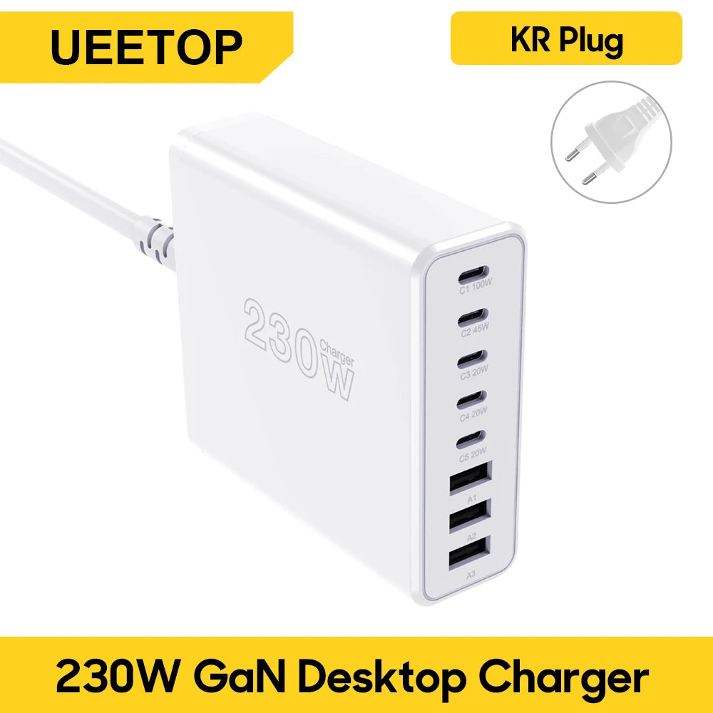 Ueetop 230W GaN USB C Charger Desktop Charging Station Multiple Port PPS PD 100W 65W 45W Fast Charge For Macbook iPhone Samsung
