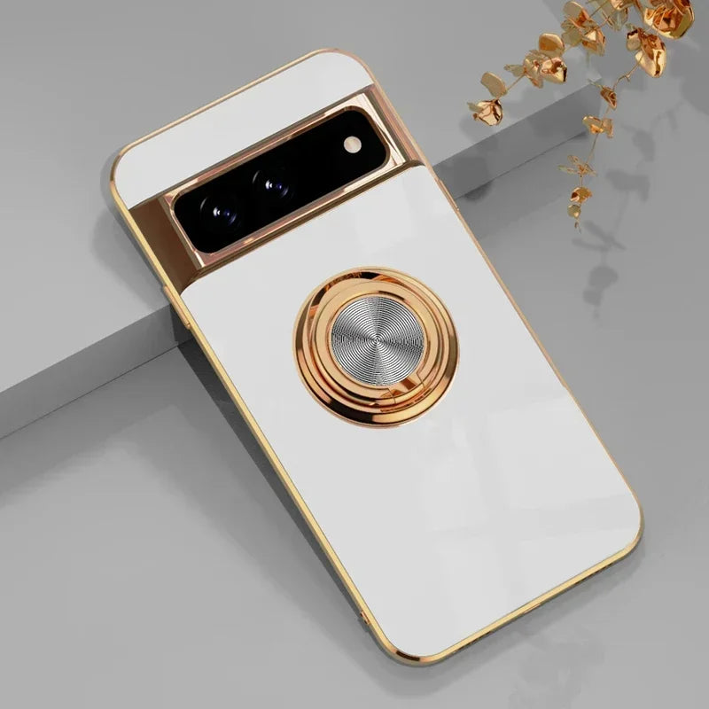 Stylish Plating Soft Silicon Shockproof Case for Google Pixel 10 9 8 7 Pro XL 9A 8A 7A Car Magnetic Ring Bracket Protect Cover