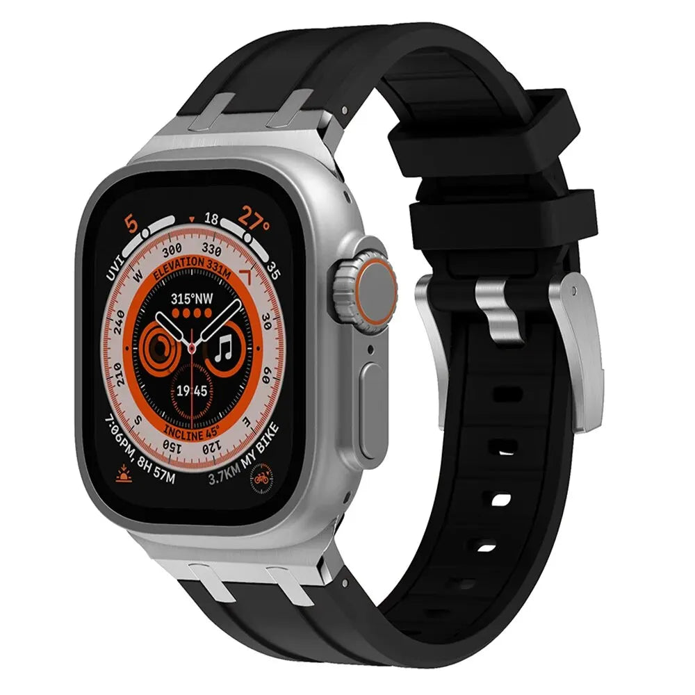 Titanium Color Metal Head Silicone Band for Apple Watch Ultra 2 49mm 45/44/42mm Rubber Strap for Iwatch Series 9 8 7 6 5 4 Se 3