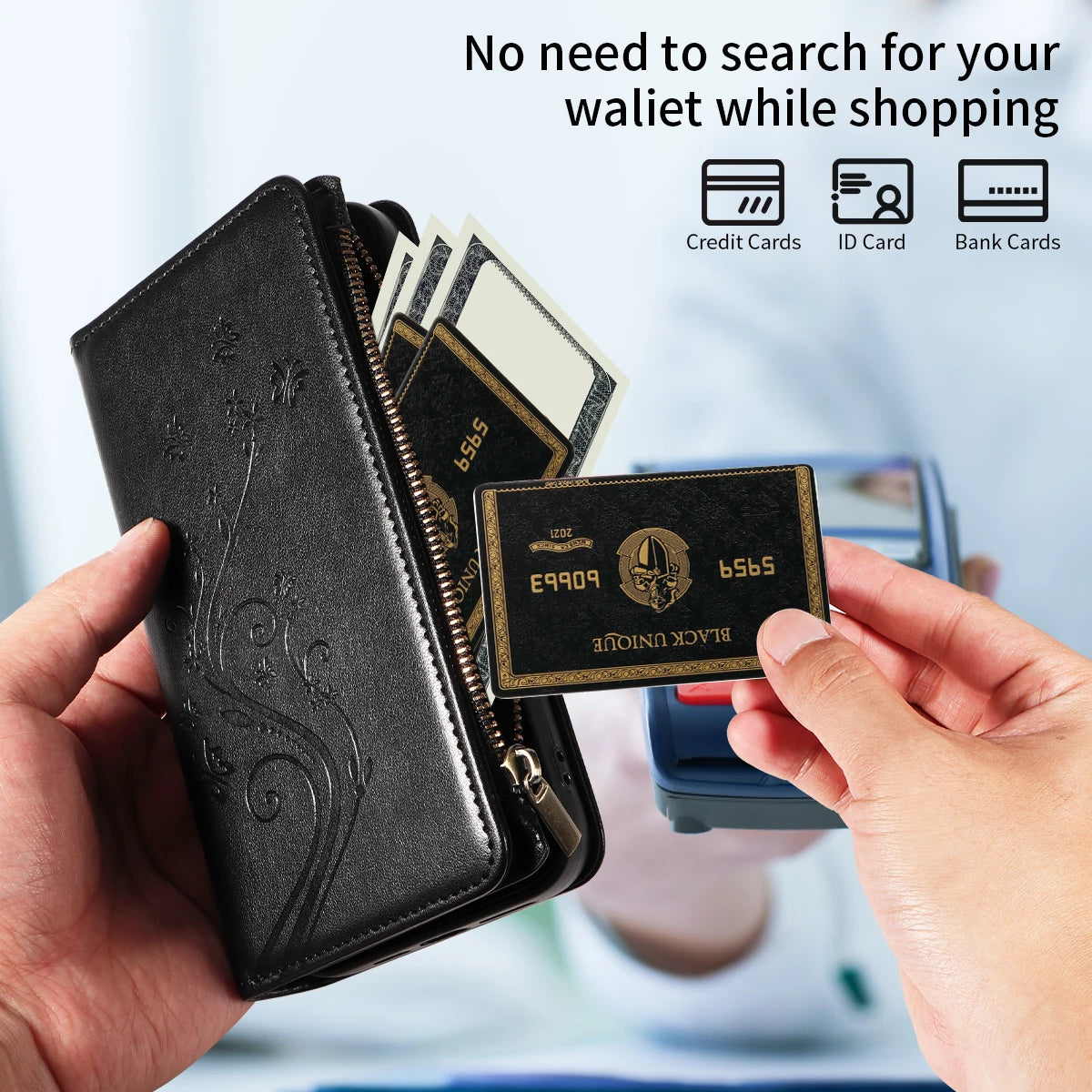 Multi-function Embossed Zipper Phone Case for Iphone 16promax 15 14 13 12 11 7 8 X XS XR PU Leather Flip Wallet Wallet Case
