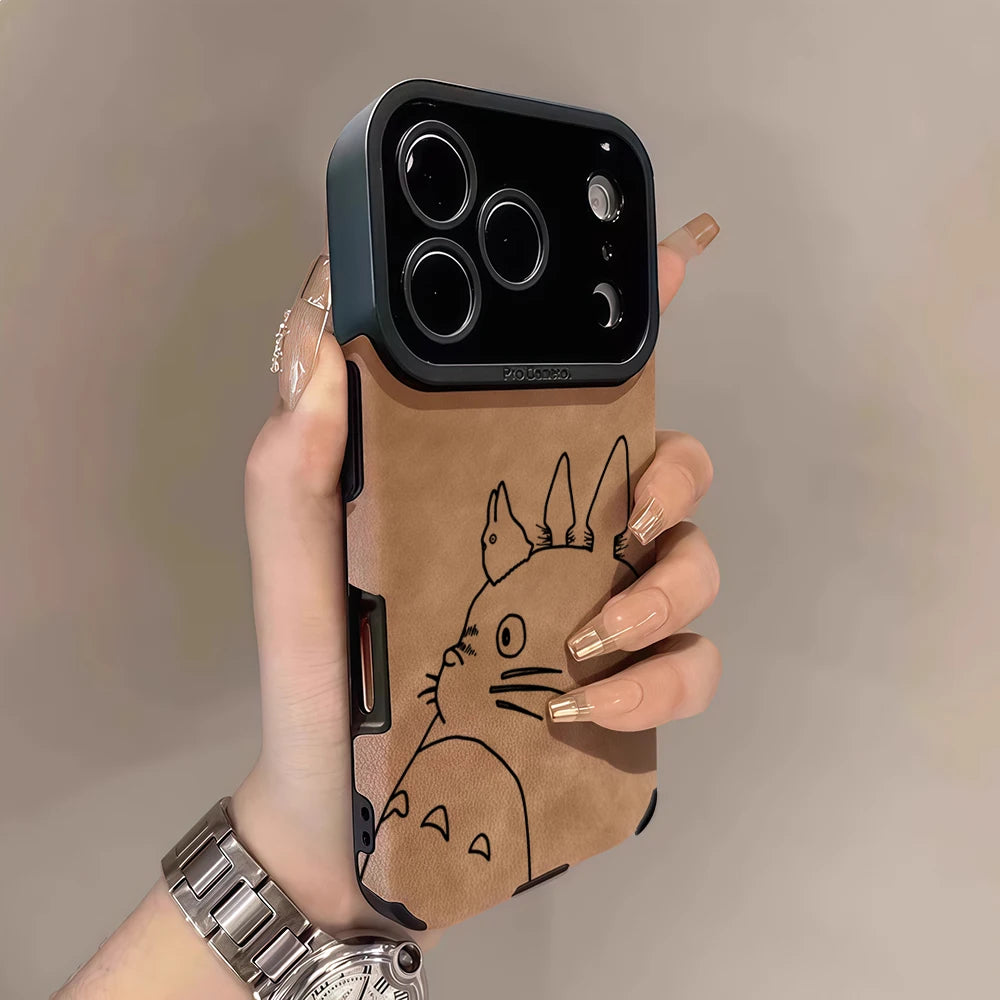 Luxury Leather Lambskin Shockproof Phone Case for IPhone 17 16 Pro Max Air 15 14 13 Max Totoro Line Sketch