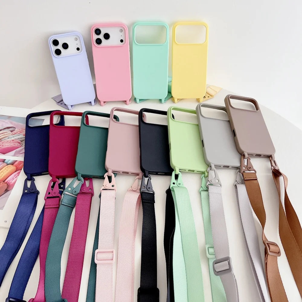 Crossbody Necklace Strap Lanyard Matte Silicone Case For iPhone 17 16 15 14 Pro Max 11 12 13 XR X XS 8 Plus SE Shockproof Cover