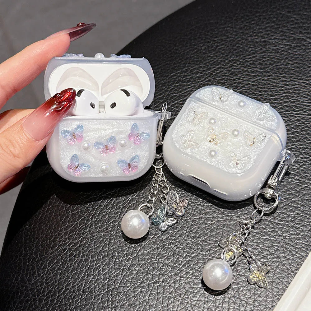 Bling Glitter Soft TPU Earphone Case with Keychain for Airpods Pro 2 Generation Air Pods 4 2024 3 2 1 3rd Gen 3D Butterfly Cover