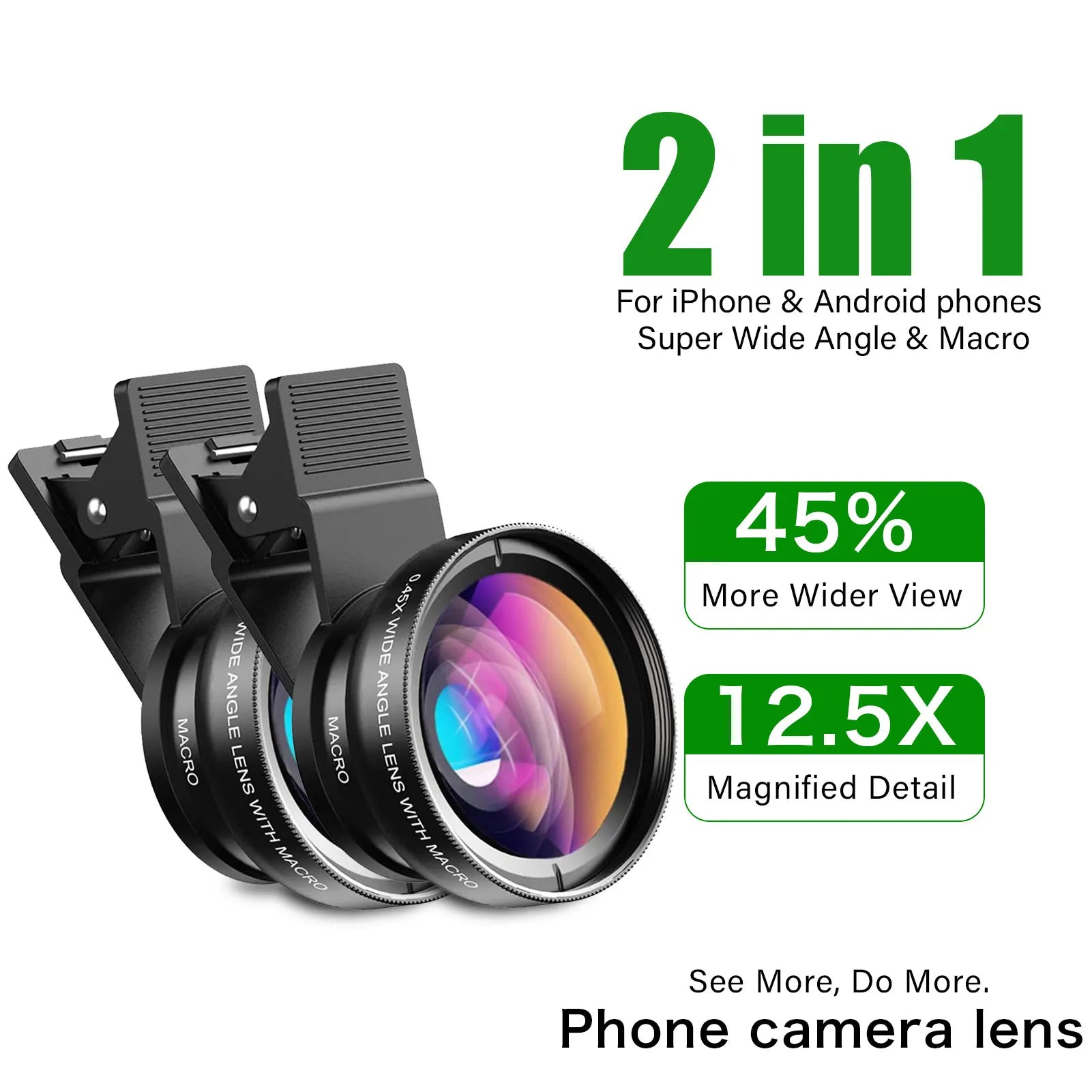 2 Functions Mobile Phone Lens 0.45X Wide Angle Len & 12.5X Macro HD Camera Lens Universal for iPhone Android Phone