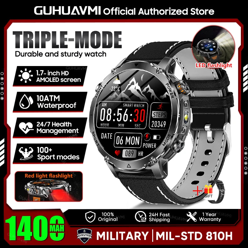 2026 New TANK Ultra 1400mAh Battery Military Smart Watch 10ATM Waterproof Heart Rate Tactical LED Flashlight Men Sports Bracelet