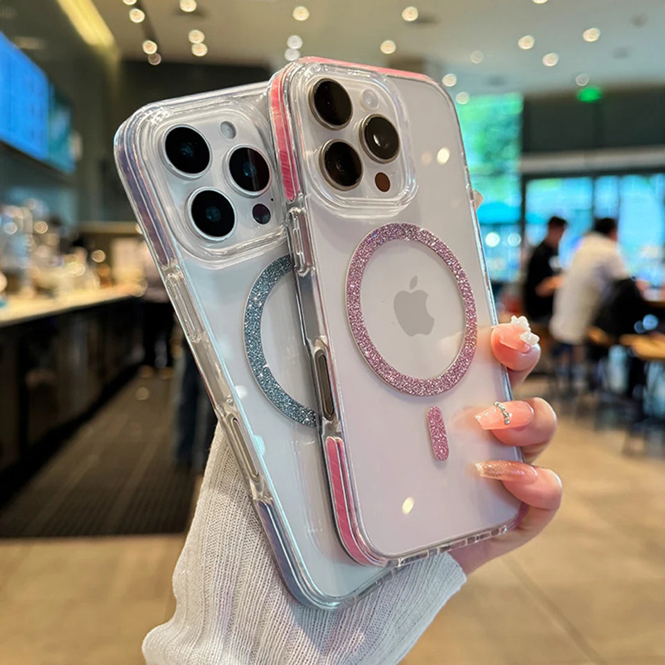 Glitter Color Blocking Magnetic Phone Case For iPhone 16E 15 14 13 12 11 16 Pro Max 15 16 Plus Luxury Protector Shockproof Cover