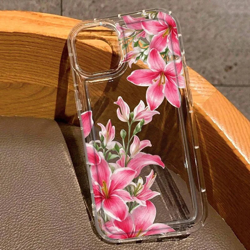 Cherry Flower Print Transparent Case For iPhone 17 16 Pro Max 15 14 13 11 12 16e Case Funda iPhone11 14 Plus X XR XS Case Cover