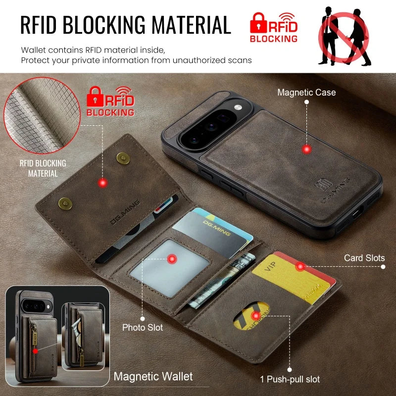 DG.MING Zipper Leather Wallet Phone Case for Google Pixel 10 Pro XL Pro 9 8 2 IN 1 Detachable Card Holder Funda Cover Hoesje Bag