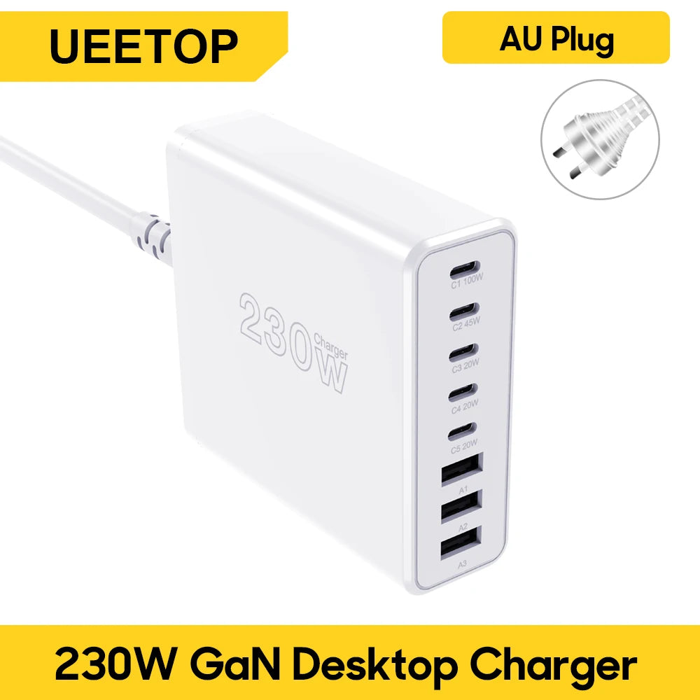 Ueetop 230W GaN USB C Charger Desktop Charging Station Multiple Port PPS PD 100W 65W 45W Fast Charge For Macbook iPhone Samsung