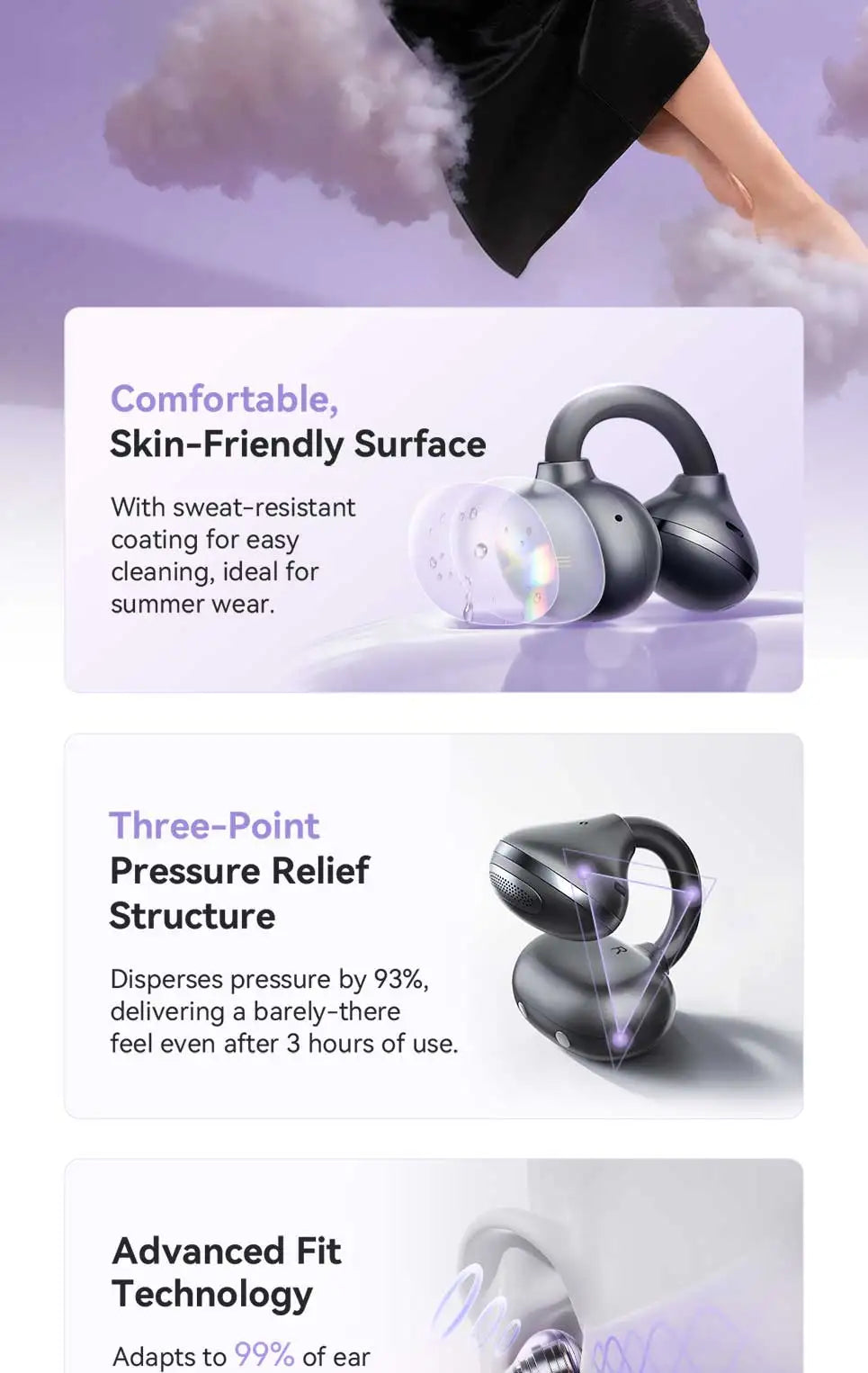 1More Open Ear Bluetooth Earbuds Wireless Ear Clip S21 Bluetooth 6.0 LDAC Wireless Hi-Res Audio Earphones IPX5 26H Battery Life