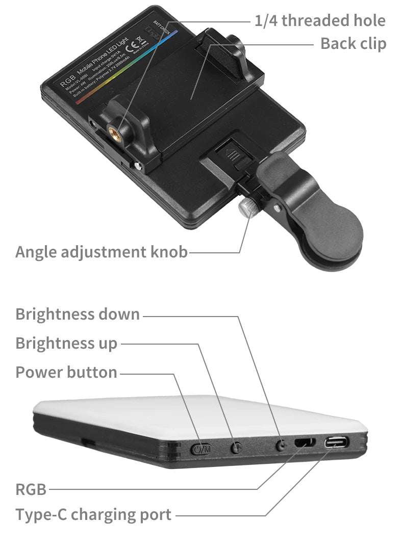 Mini Fill Light RGB LED Straight Pocket Video Photography Lighting Pocket Live Vlog Clip for Phone iPhone iPad Laptop Camera
