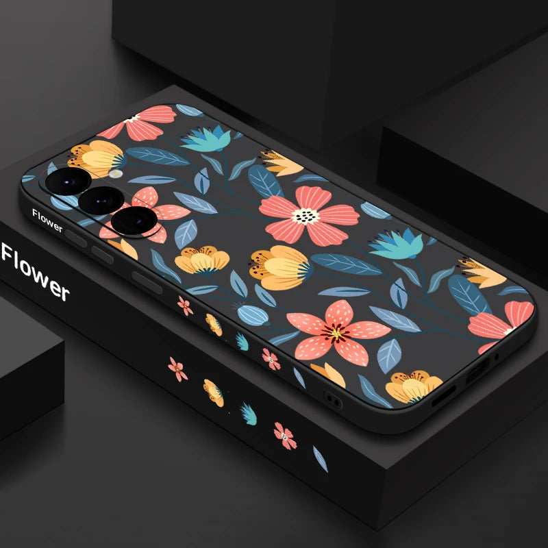 Colorful Flower Case For Samsung Galaxy S24 S23 S22 Ultra S21 FE S26 A56 A15 A35 A55 A52 A53 A54 5G S25 Silicone Lanyard Case