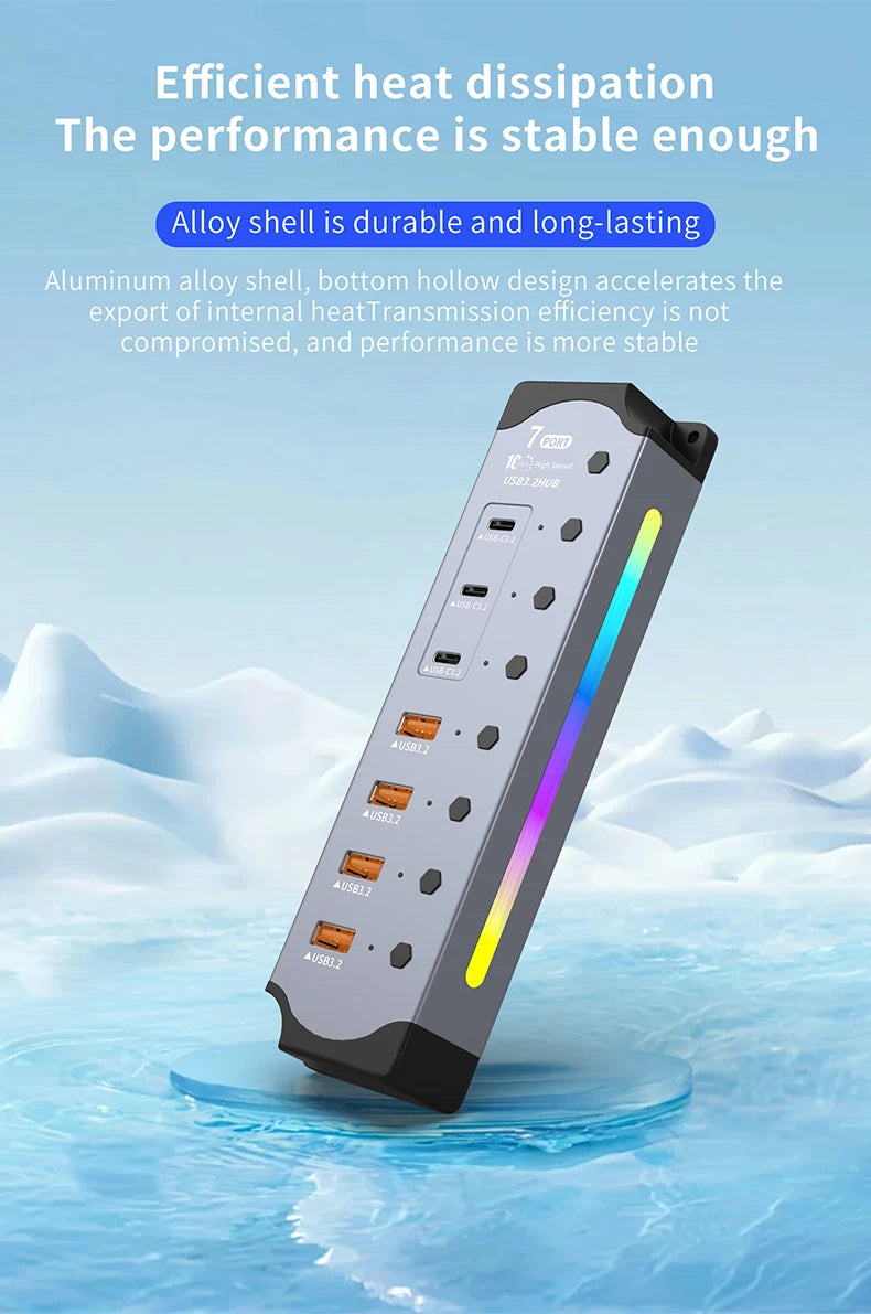 7Port USB 3.2 USB-C Hub 10Gbps USB-A USB-C Ports Splitter Individual Switches 12V US/EU Power Adapter Expander for Laptop PC
