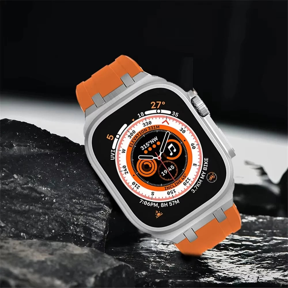 Titanium Color Metal Head Silicone Band for Apple Watch Ultra 2 49mm 45/44/42mm Rubber Strap for Iwatch Series 9 8 7 6 5 4 Se 3