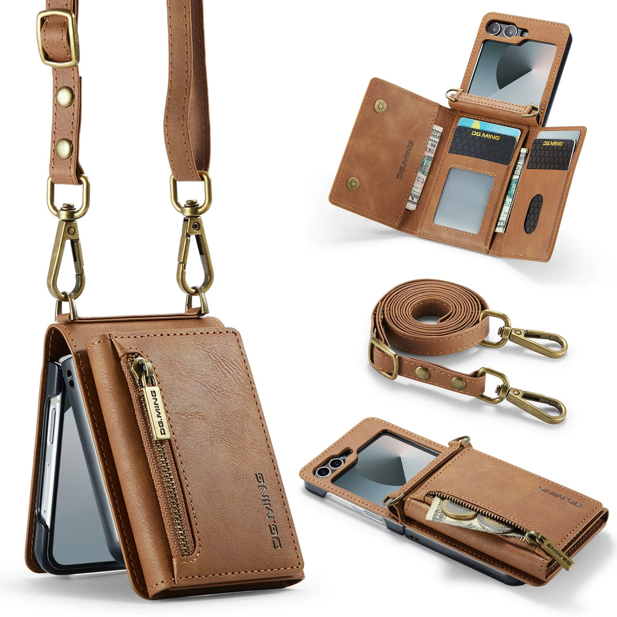 2 in 1 Luxury Leather Flip Phone Case For Samsung Galaxy Z Flip 8 7 6 5 4 3  Magnetic Wallet Card Solt Zipper Lanyard Cover ﻿