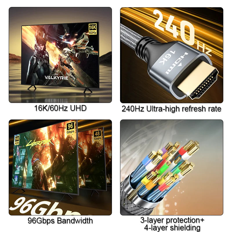 16K HDMI 2.2 Cable, 8K@120Hz HDMI Cable 10FT/3M for HDTV Box Projector PS5 Ultra High Speed Computer Cable