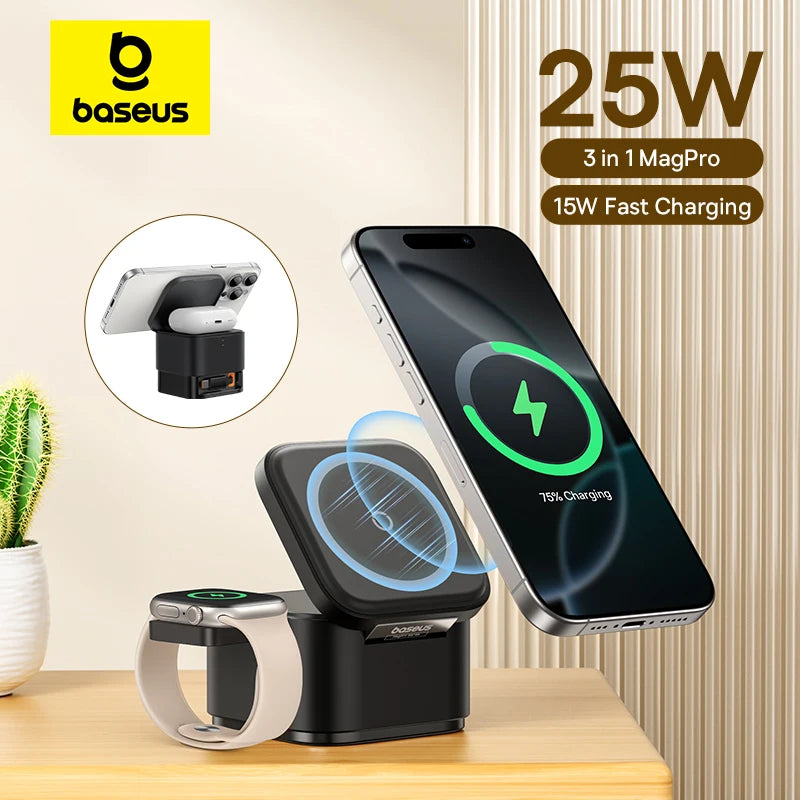 Baseus 3 in 1 Magnetic Wireless Charger Stand 15W Fast Wireless Charging 25W Desktop Dock Station For iPhone16 15 14 13 Airpod