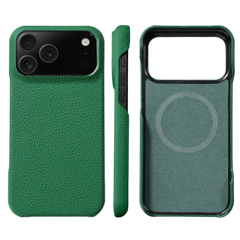 for Magsafe Case for iPhone 17 Air 15 16 Pro Max 17Pro Lychee Natural Cowhide Leather Magnetic Protector Luxury Phone Back Cover