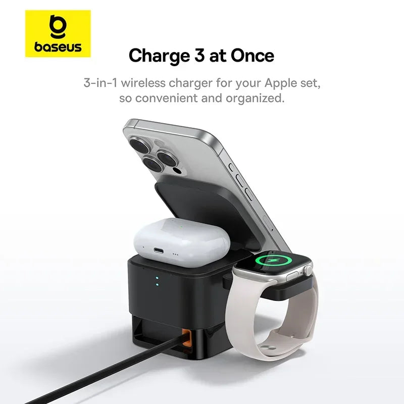 Baseus 3 in 1 Magnetic Wireless Charger Stand 15W Fast Wireless Charging 25W Desktop Dock Station For iPhone16 15 14 13 Airpod