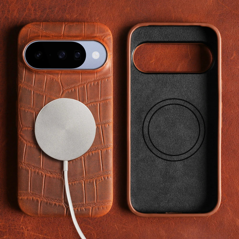 For Magsafe Case For Google Pixel 10A 10 9 Pro XL 8A 9A 7A 6A 6 7 8 Pro Crazy Horse Crocodile Genuine Leather Case Back Cover
