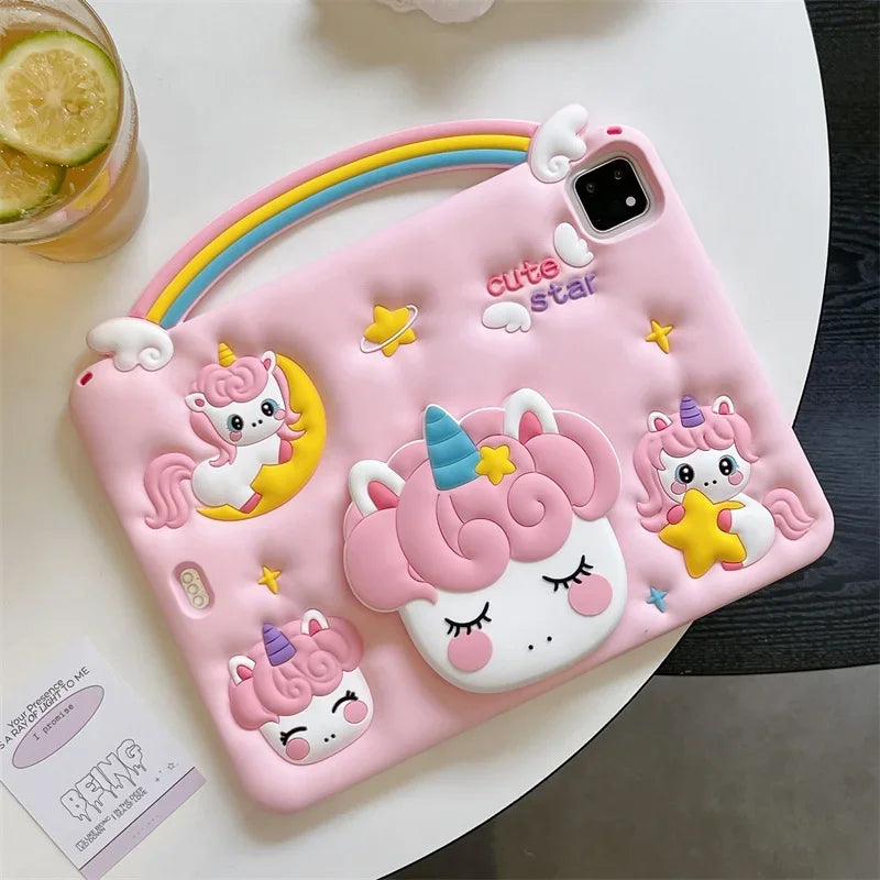 Kids Silicone Case For New iPad A16 11th/10th Generation iPad Air11 M3 M2 Mini Air 7 6 5 4 Pro11 M4 Cartoon Unicorn Holder Funda