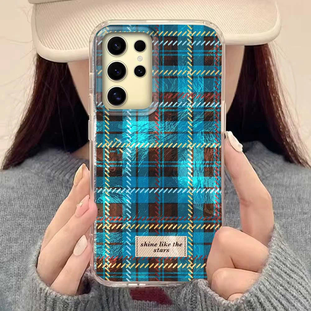 ﻿Winter Brown Lattice Grid Pattern Women Gilrs Phone Case for Samsung Galaxy S25 S24 S23 S22 S21 S20 FE Plus Ultra Shell Cover