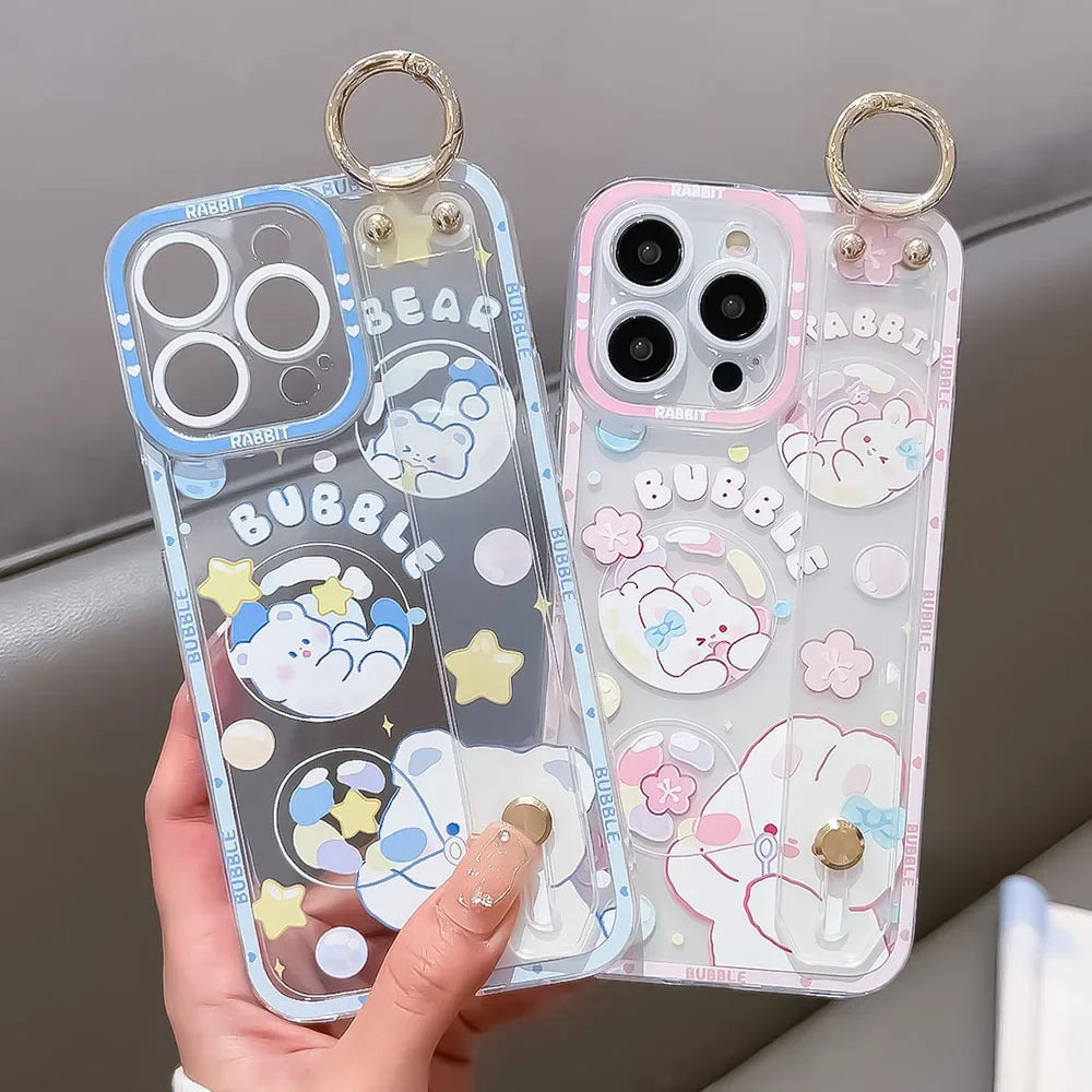 SoCouple Bear Rabbit Wrist Strap Case For Samsung S23 S24 S22 S21 S20 FE Plus Ultra Note 10 20 Soft Silicone Phone Holder Cover