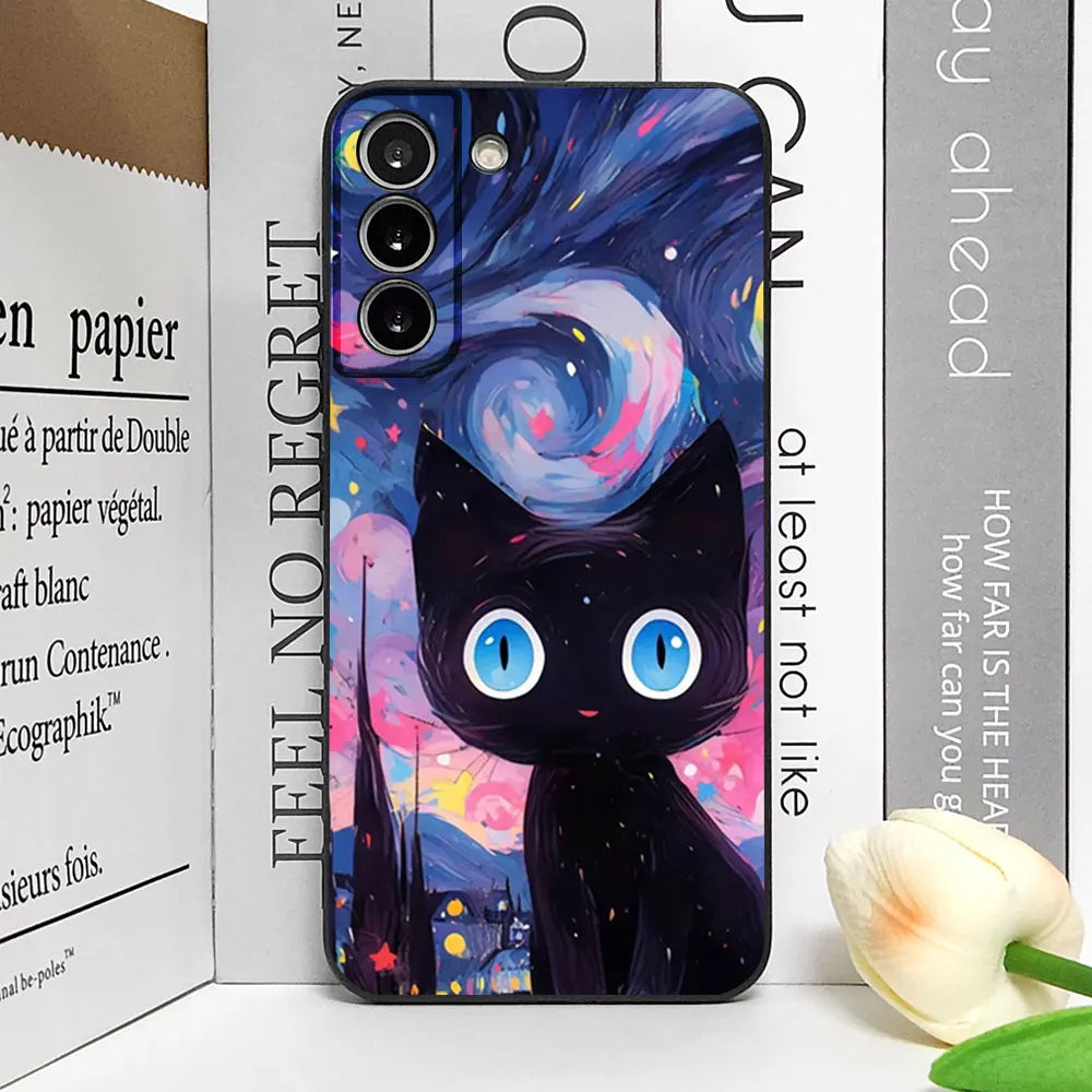 Artistic Black Cat Starry Night Soft TPU Phone Case For Samsung Galaxy S23 S24 S25 Ultra S22 S21 S20 Plus FE A15 A54 A55 Cover