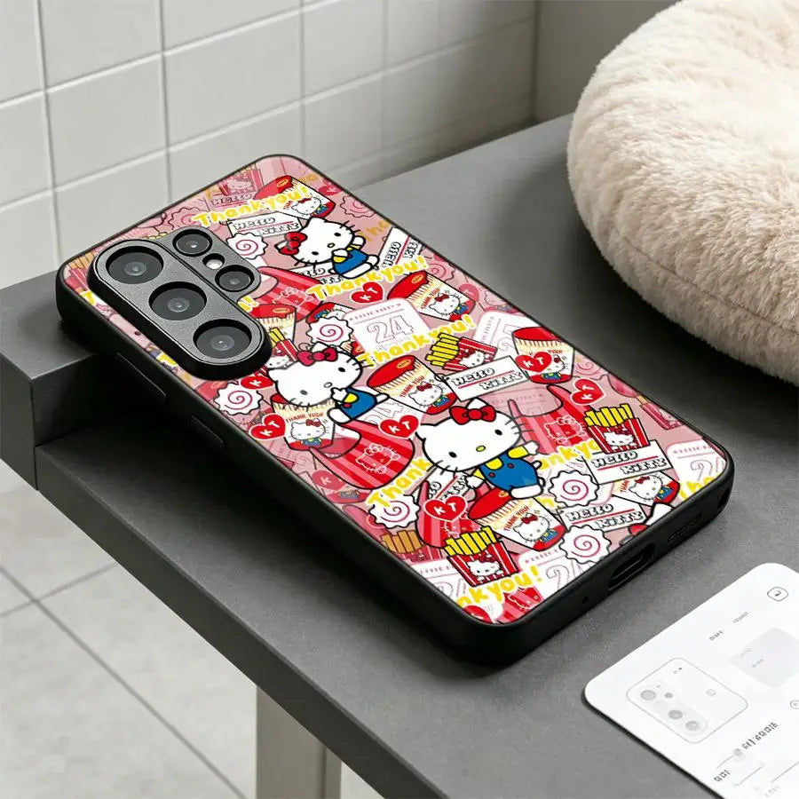 Phone Cover Glass Case for Samsung Galaxy S26 Ultra S25+ S23+ S23 FE S20 S21 S22 25 Edge 24 Plus S26+ S24+ Cute Sanrio Hello
