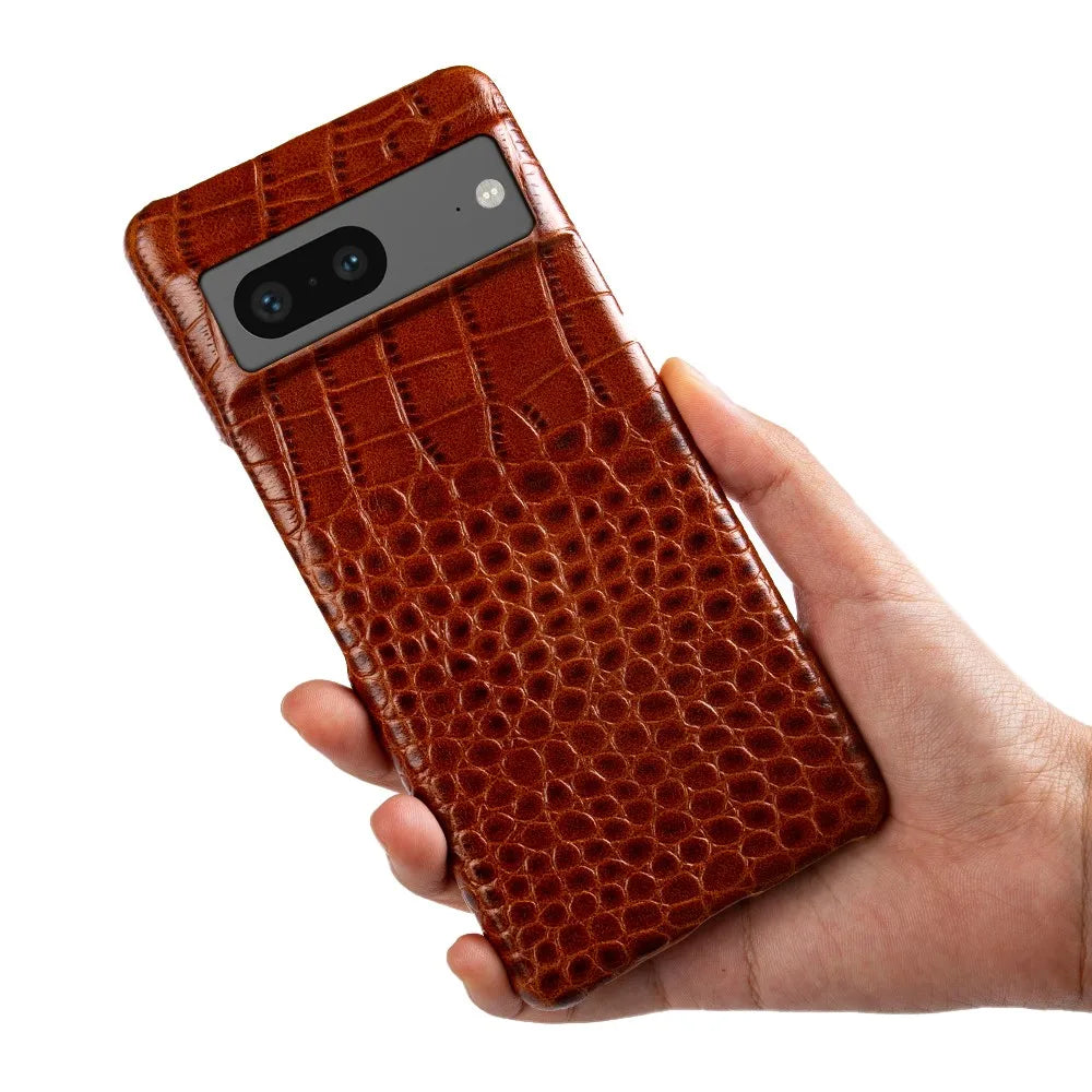 For Google Pixel 7 Pro Case Crocodile Grain Genuine Leather Phone Cover Pixel 10 6Pro 5A Capa Protective Etui Back Carcasa Shell