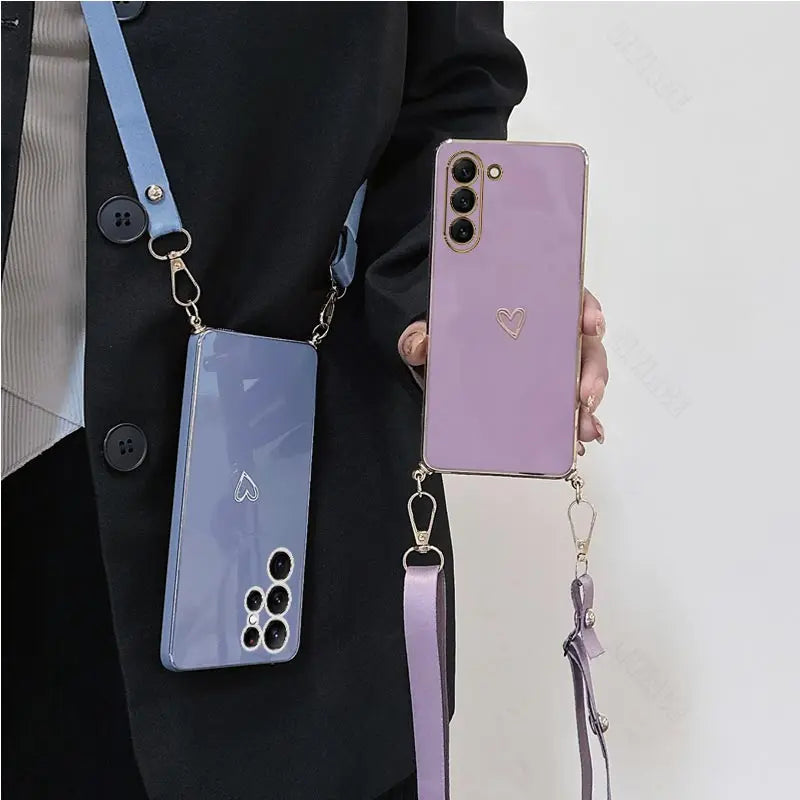 S 24 23 Love Heart Crossbody Lanyard Strap Phone Case On For Samsung Galaxy S24 S23 S22 S21 S20 S8 S9 S10 Plus Ultra Fe 5G Cover