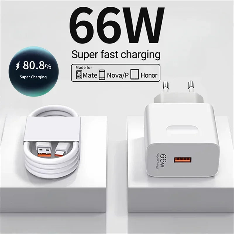 USB Fast Charger 66W Fast Charging QC3.0 EU/US Plug Wall Adapter 6A USB To Type C Cable For Huawei Mate 50 60 Nova 10 Honor 100