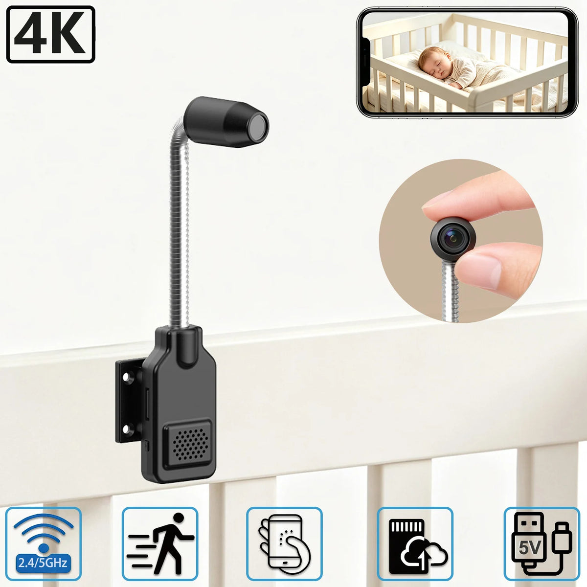 PNZEO Smart Flexible Gooseneck Baby & Pet Monitor Camera Motion Detection Two-Way Audio Home Security Camera