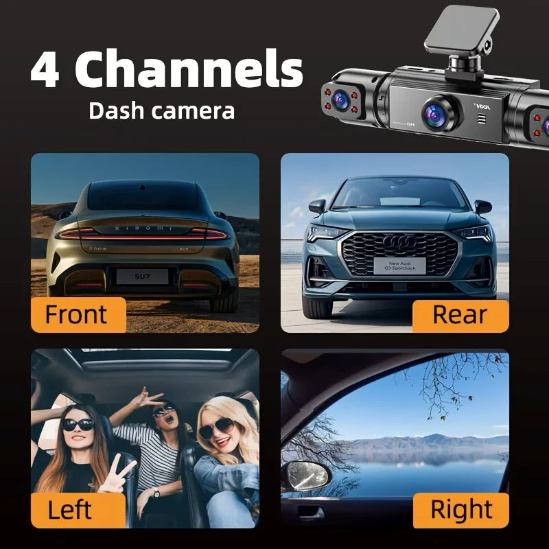 BCUOZ 4-Lens 360° Dashcam, 1080P Front + 720P Built-in Rear Left and Right car cameras, Super night vision, Loop recording, G-Sensor, WDR, 12-24V car plug power supply,Optional 64GB memory card.