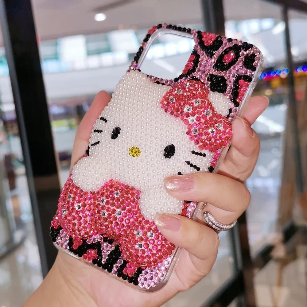 Kawaii Hello Kitty Rhinestone Bling Crystal Phone Case Chain for Iphone 7 8 17 16 15 14 13 12 11Pro Max Plus Shockproof Cover