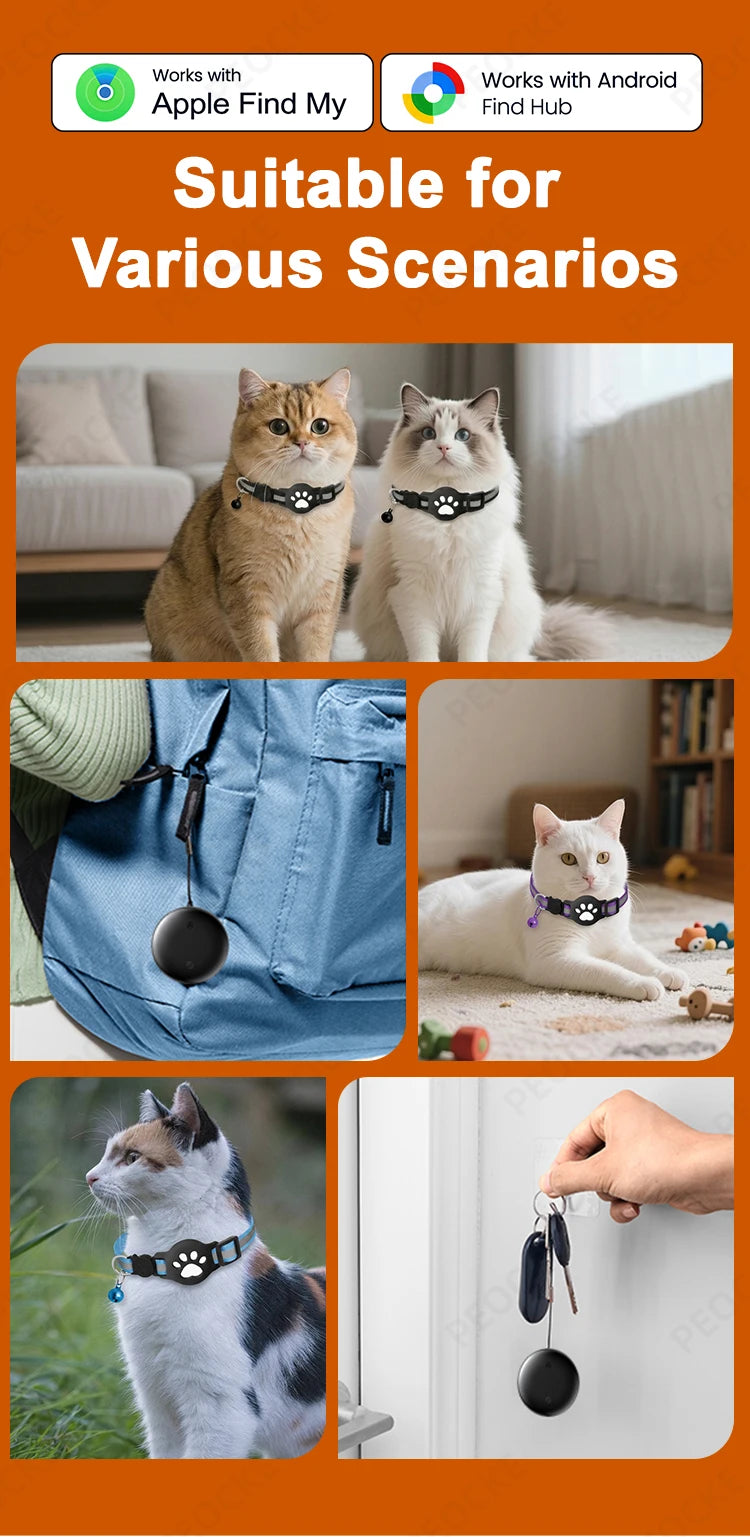 Dual System Pet Smart Tracker Tag With Cat Collar Android/iOS Anti-Lost GPS Tracker Works With Apple Find My /Google Find Hub