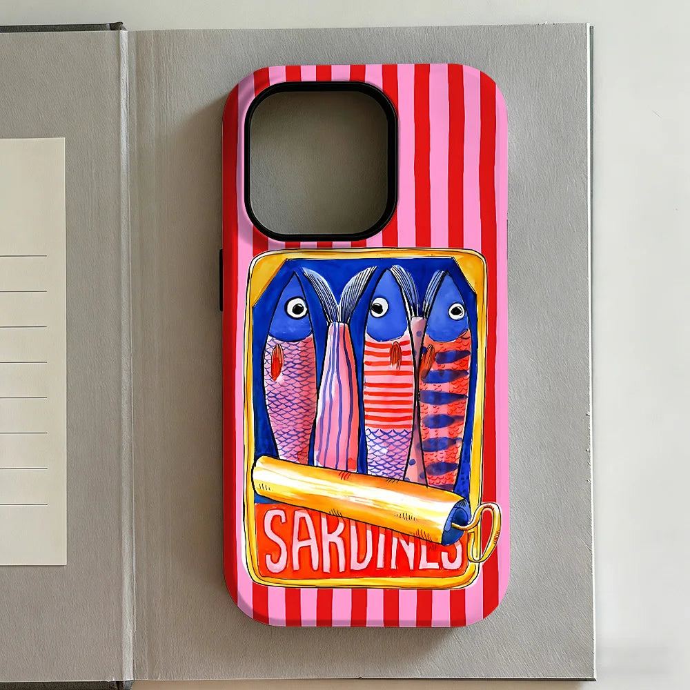 Striped Canned Fish Phone Case for iPhone 17 16e 16 15 14 13 12 11 X XS XR XSMAX 7 8 Air Pro Max Plus Luxury Double-layer