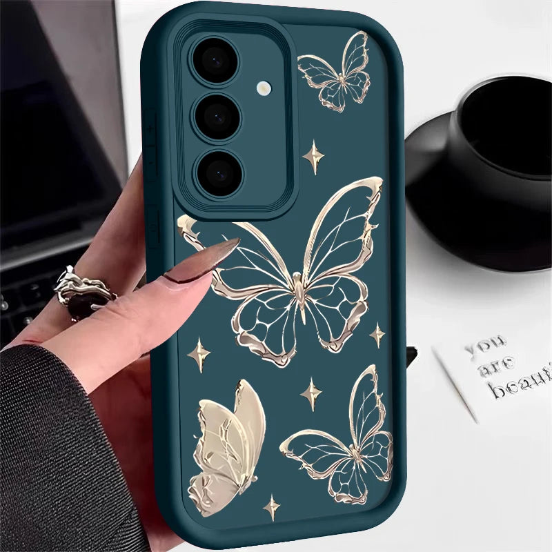 Gold Butterfly Print Case For Samsung Galaxy S26 S25 S23 Ultra S24 FE A57 A56 A17 A36 A26 A55 A16 A15 A35 A25 5G Soft TPU Cover