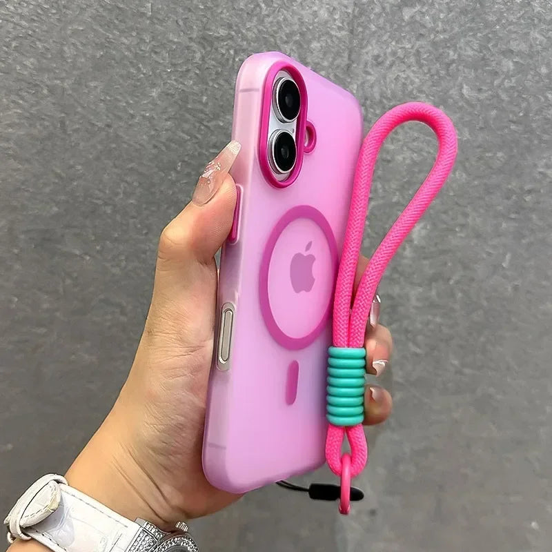 for Magsafe Candy Color Contrast Lanyard Case for iPhone 16 15 14 11 12 13 Pro Max Plus 16e Hand Wrist Strap Matte Soft Cover