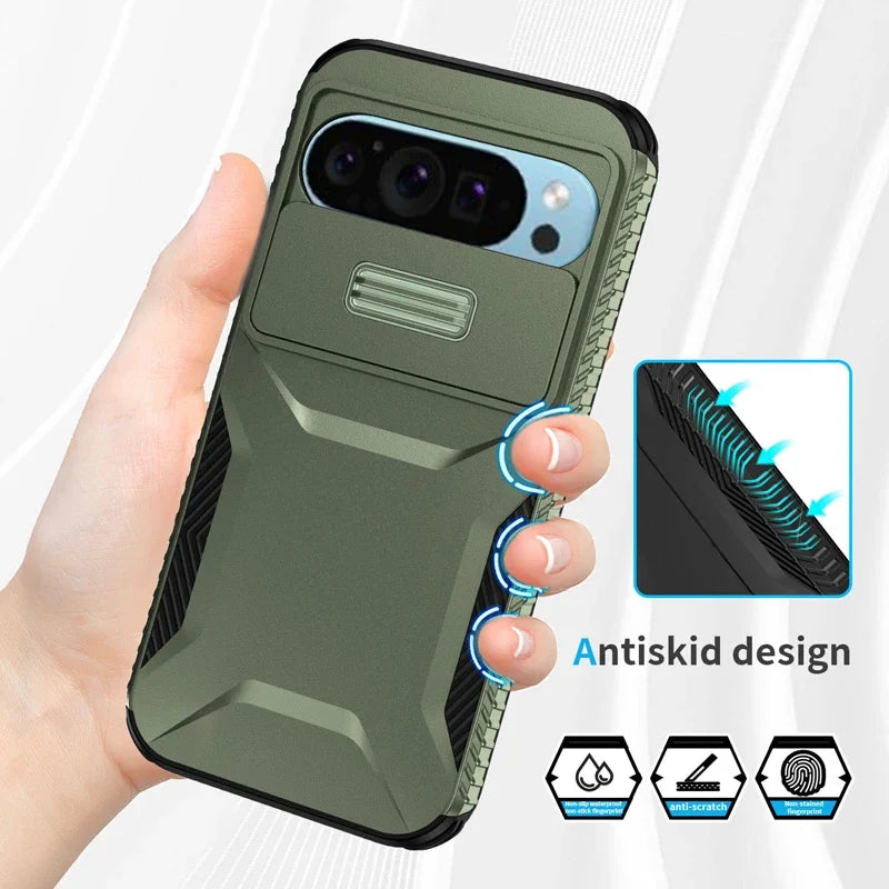 Heavy Duty Rugged Shockproof Slide Camera Lens Protect Case for Google Pixel 10 9 8 7 A Pro XL Matte Anti-slip Armor Hard Cover