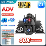 SHIWOJIA 4G Solar Security Camera Outdoor 60X Zoom Dual Screen 10MP WiFi PIR Detection AI Auto Tracking Camera UBOX