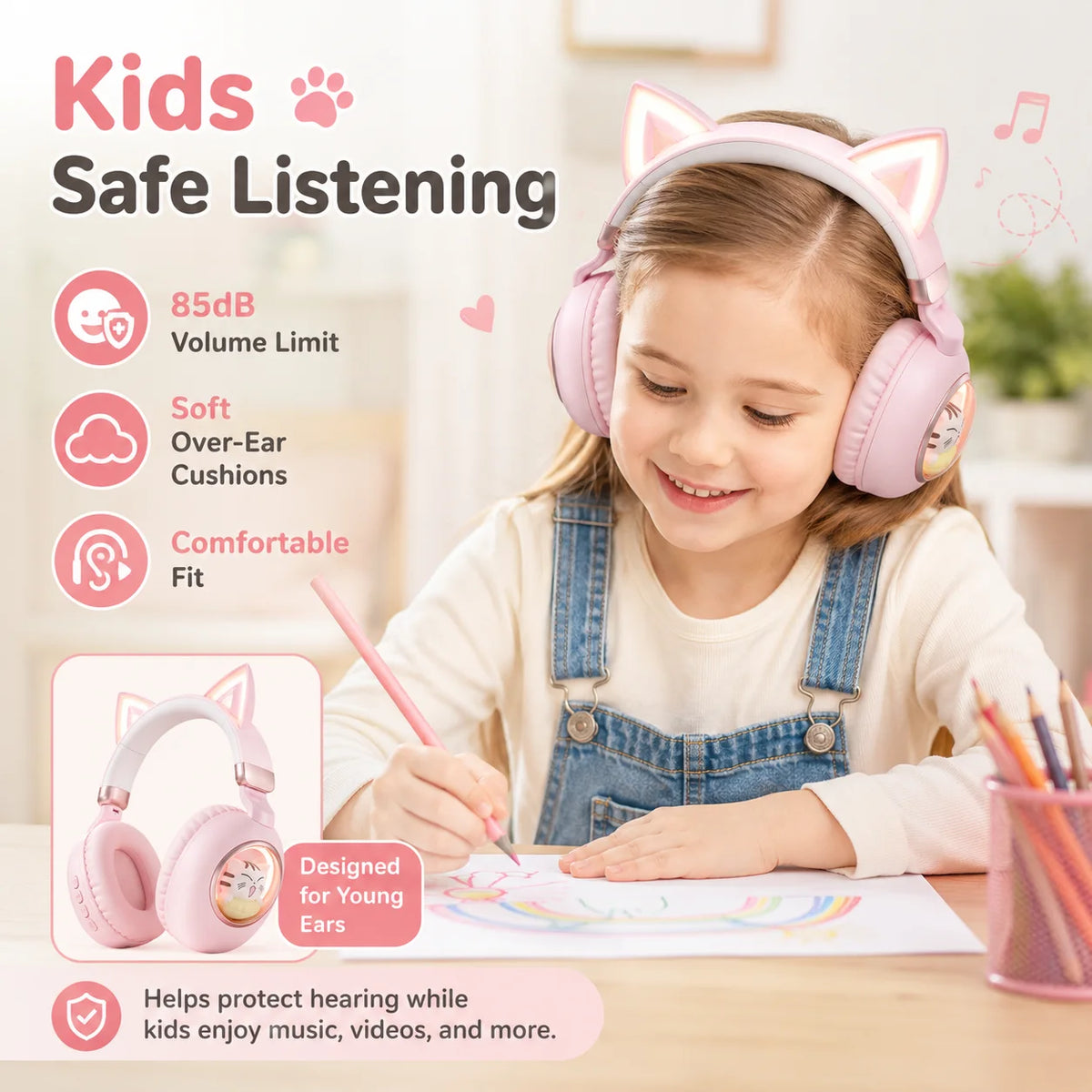 Kids Wireless Headphones Bluetooth 5.4 Cat Ear RGB Light Over-Ear Headset with 400mAh Battery, 20H Playtime, Low Latency
