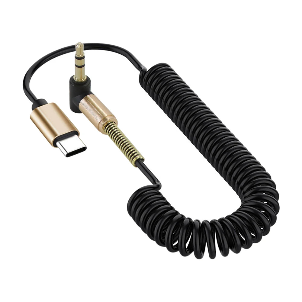 USB C to 3.5mm Elbow Spring Retractable Audio Cable Type-C to 3.5mm Male to Male Aux Speaker Cable Retractable Cars Stereo Cable