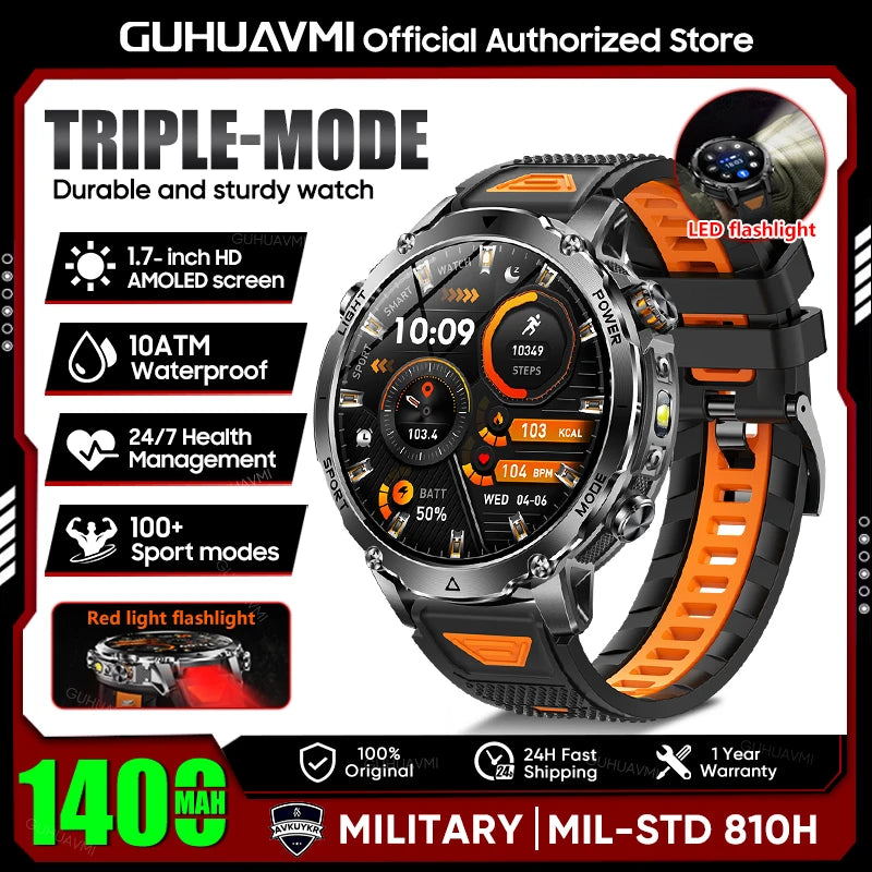 2026 New TANK Ultra 1400mAh Battery Military Smart Watch 10ATM Waterproof Heart Rate Tactical LED Flashlight Men Sports Bracelet