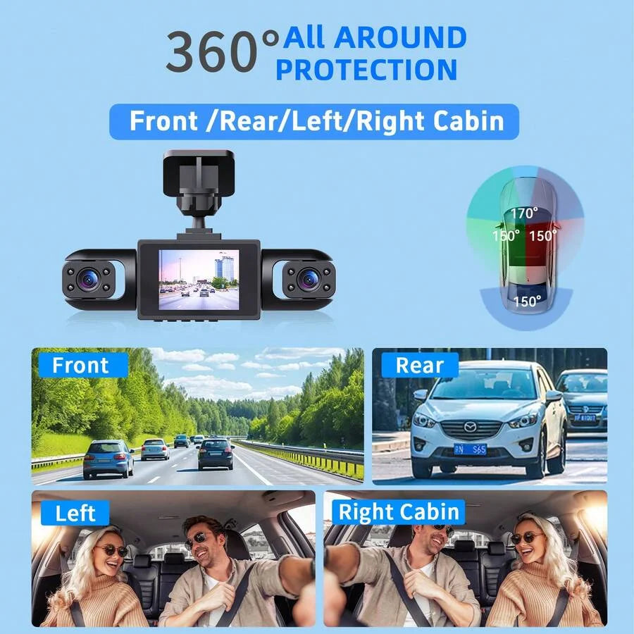4-Channel 360° Panoramic Dash Cam, 4 Built-in Cameras, 2" IPS Display, Wide-Angle Night Vision, Loop Recording, 150mAh Battery