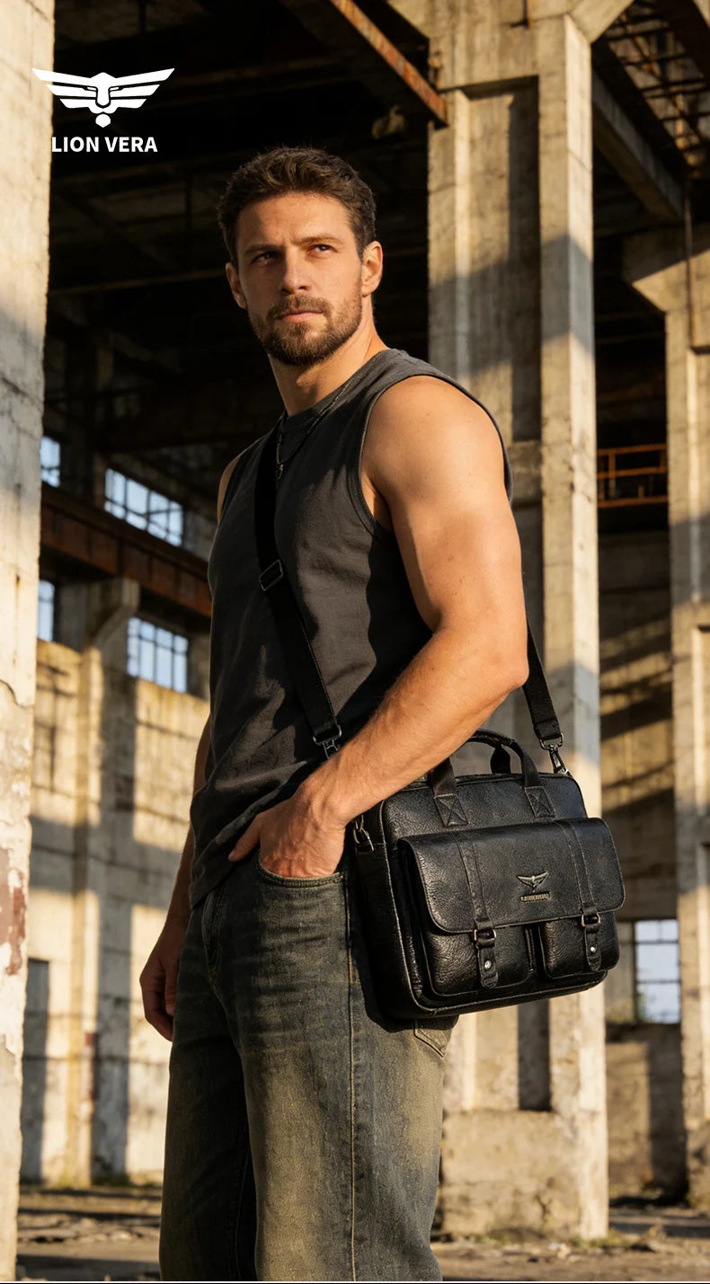 LION VERA Men's Genuine Leather Briefcase Business Casual Commuting Bag Portable Crossbody Shoulder Bag 15.7-inch Laptop Bag