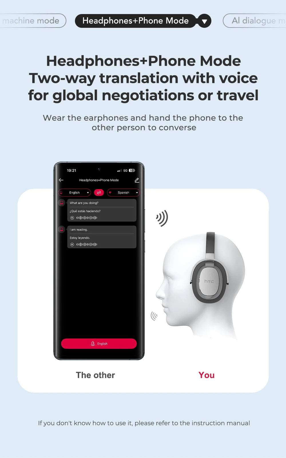 HTC HP07 Over-ear Headphones 134 Languages Translation Earphones Face-to-Face Translation Earphones Ultra-long Life Battery